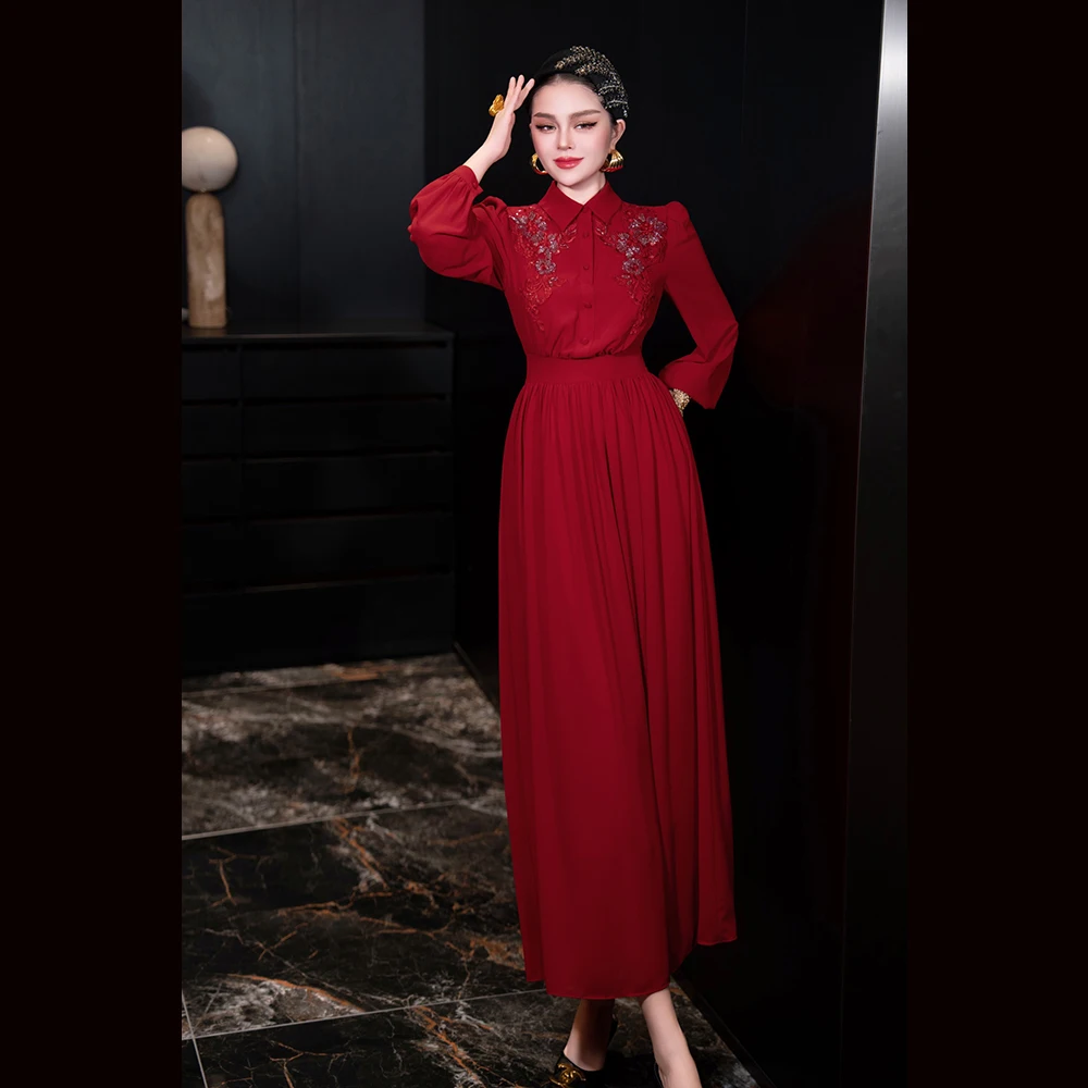 

Meyyithun Women's Dresse Red Long Sleeve Turn Down Collar Embroidery High Waist Long Dress Lady Clothing