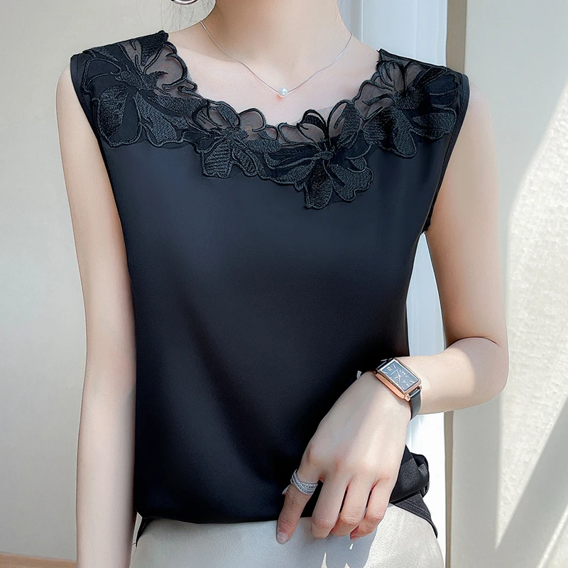 Women\'s Silk Camisole, Sleeveless Vest Top, Casual Wear, Satin Bottoming Shirt, New Lace, O-Neck, Large Size, Spring and Summer