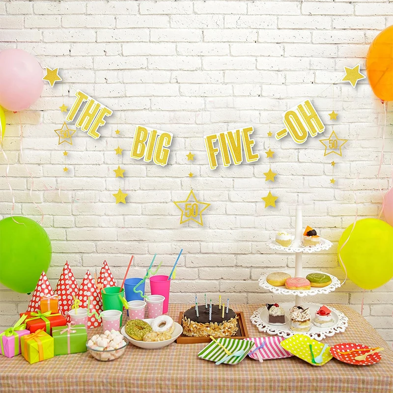 Glitter Gold Happy Birthday 50th Paper Star Banner 50th Birthday Party Bunting Decoration Fifty Streamer Garland Wall background