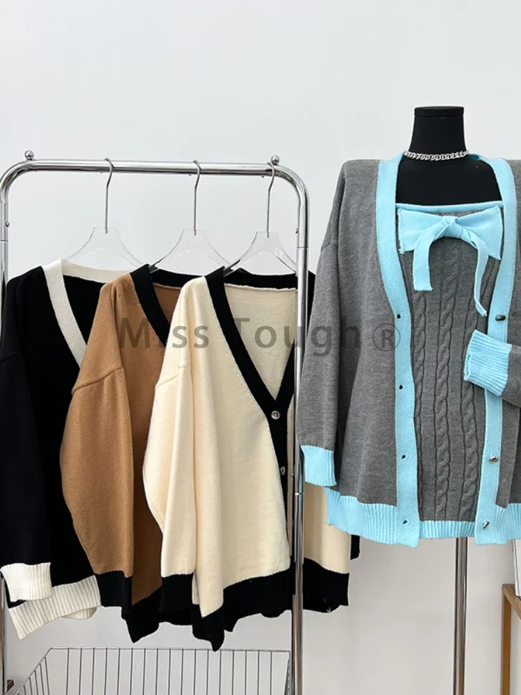 2023 Winter Elegant Knitted New 2 Piece Set Women Bow Y2k Vintage Mini Dress + Sweater Coat Female Korean Fashion Casual Sets