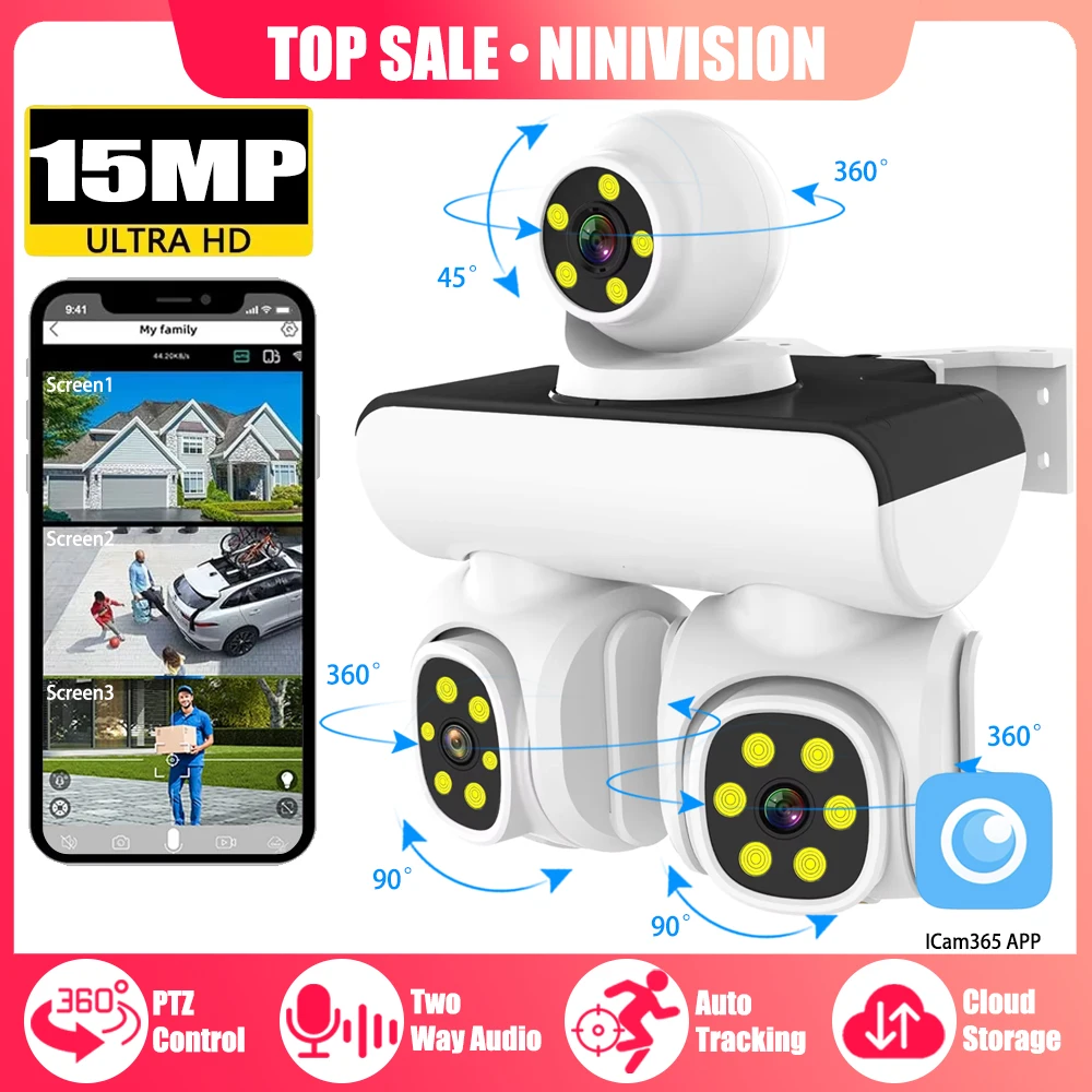 

15MP WIFI IP CCTV PTZ Outdoor Waterproof Two Way Audio Intercom Auto Motion Track Smart Camera HD 8K Three Lens Cameras ICam365