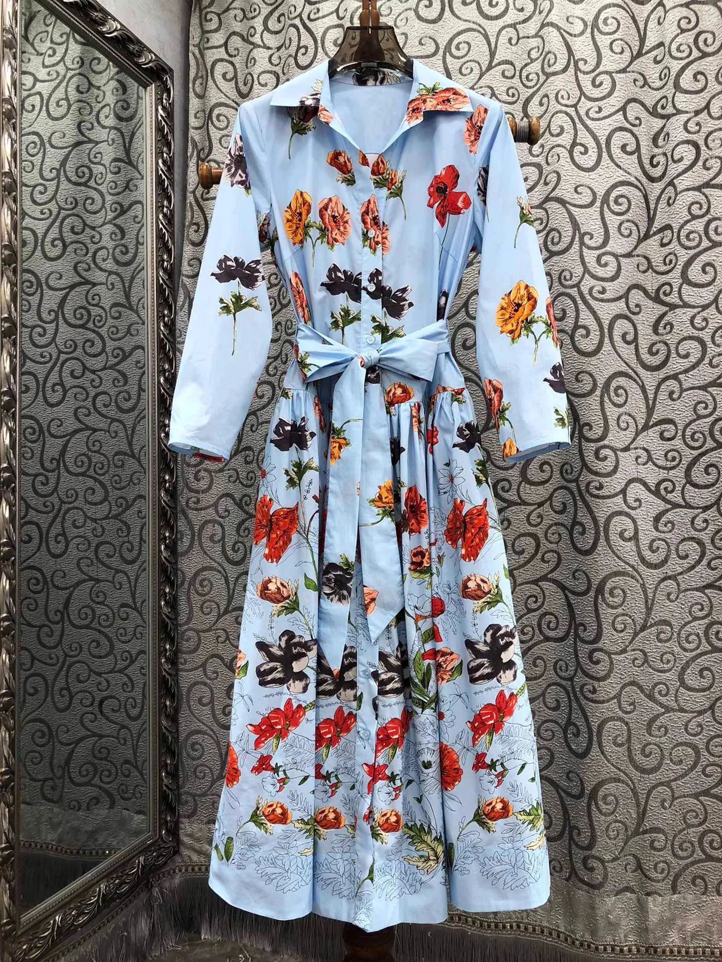 

Top Quality Summer Dress 2025 Fashion Design Clothes Women Turn-down Collar Colorful Floral Print Bow Belt Mid-Calf Blue Dresses