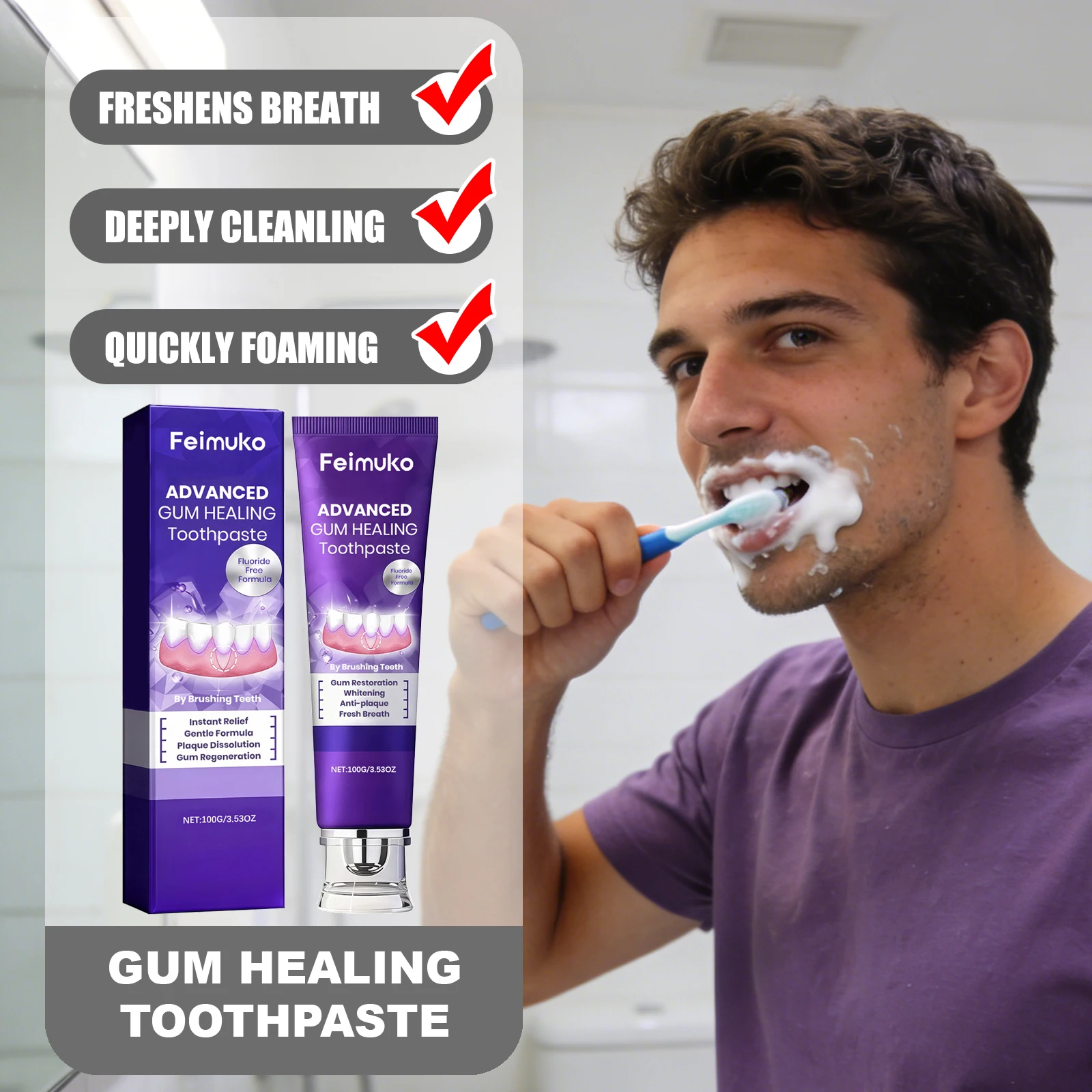 Feimuko Gum Healing Toothpaste Deep Cleansing Freshing Breath Quick Foaming Gentle Formula Repairing Damaged Gums