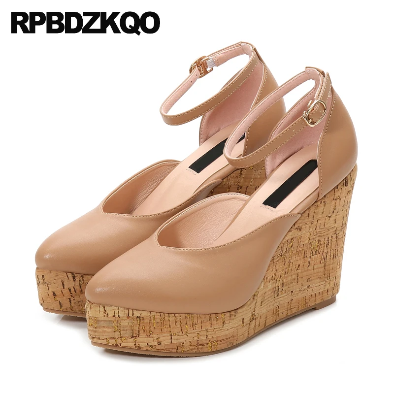 Luxury High Heels Women Pumps Small Size Platform Fetish Wedges Wooden Nude Ankle Strap Shoes 33 Trend Cork Pointed Toe Extreme