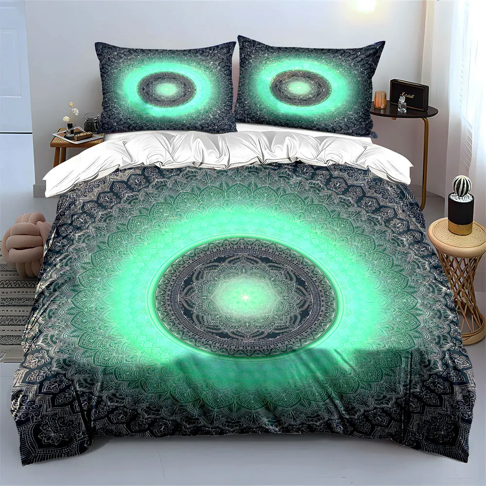 3Pcs Green Gradient Mandala Bedding Set, Bohemian Sacred Geometry Print Duvet Cover Set, Boho Pattern for Bedroom Decor