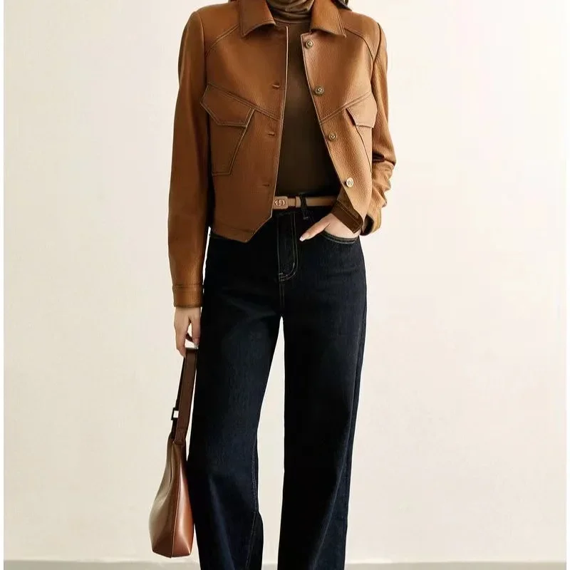 Jas Dames Herfst/Winter Explosies PU Leren Jas Nieuwe Dames Westerse Stijl Korte Denim Revers Uitloper Mode Trend Tops L212