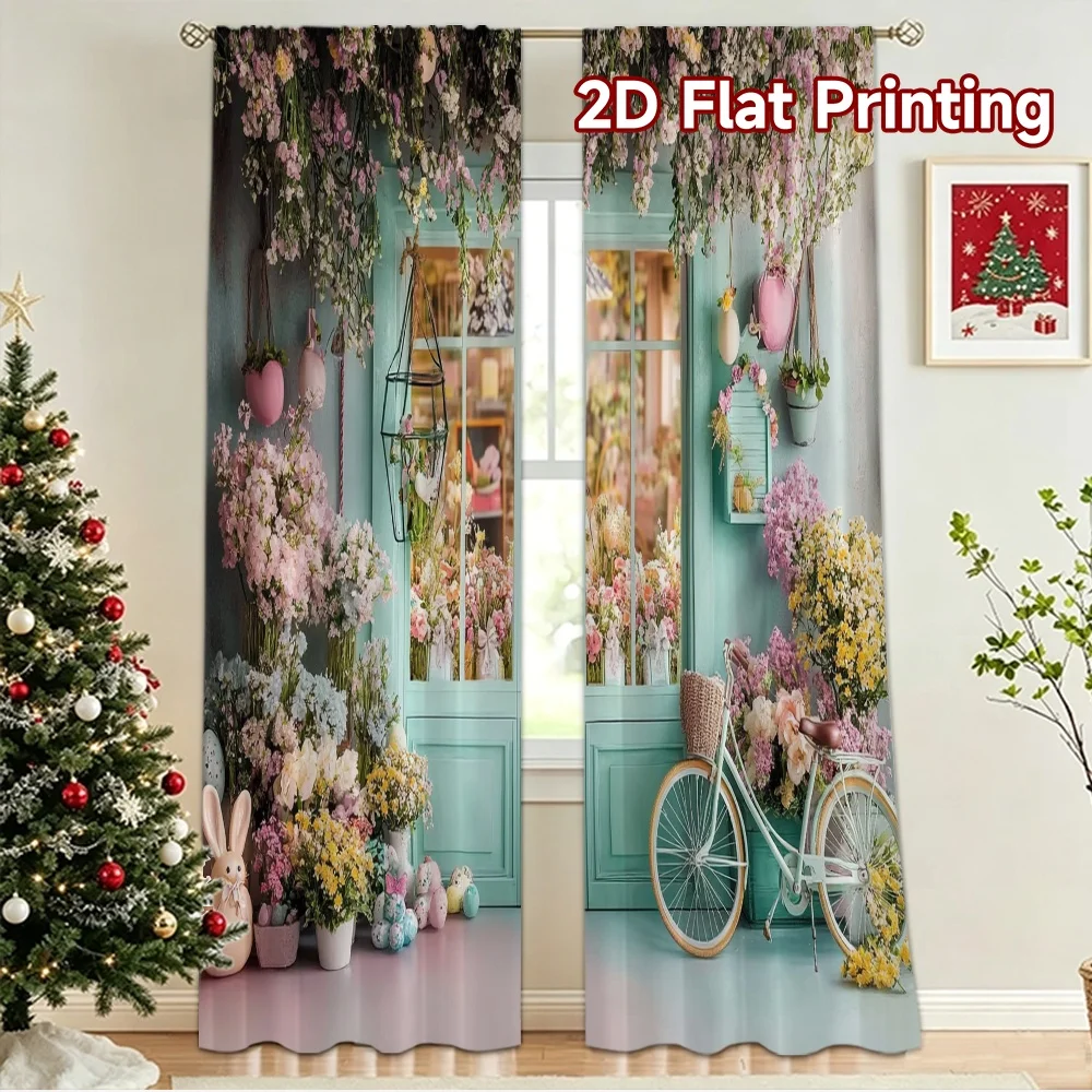 2D flat 2pcs Curtain Modern Minimalist Style Easter Flower Shop Bicycle Durable polyester fiber Festive Wall Decor Perfect for