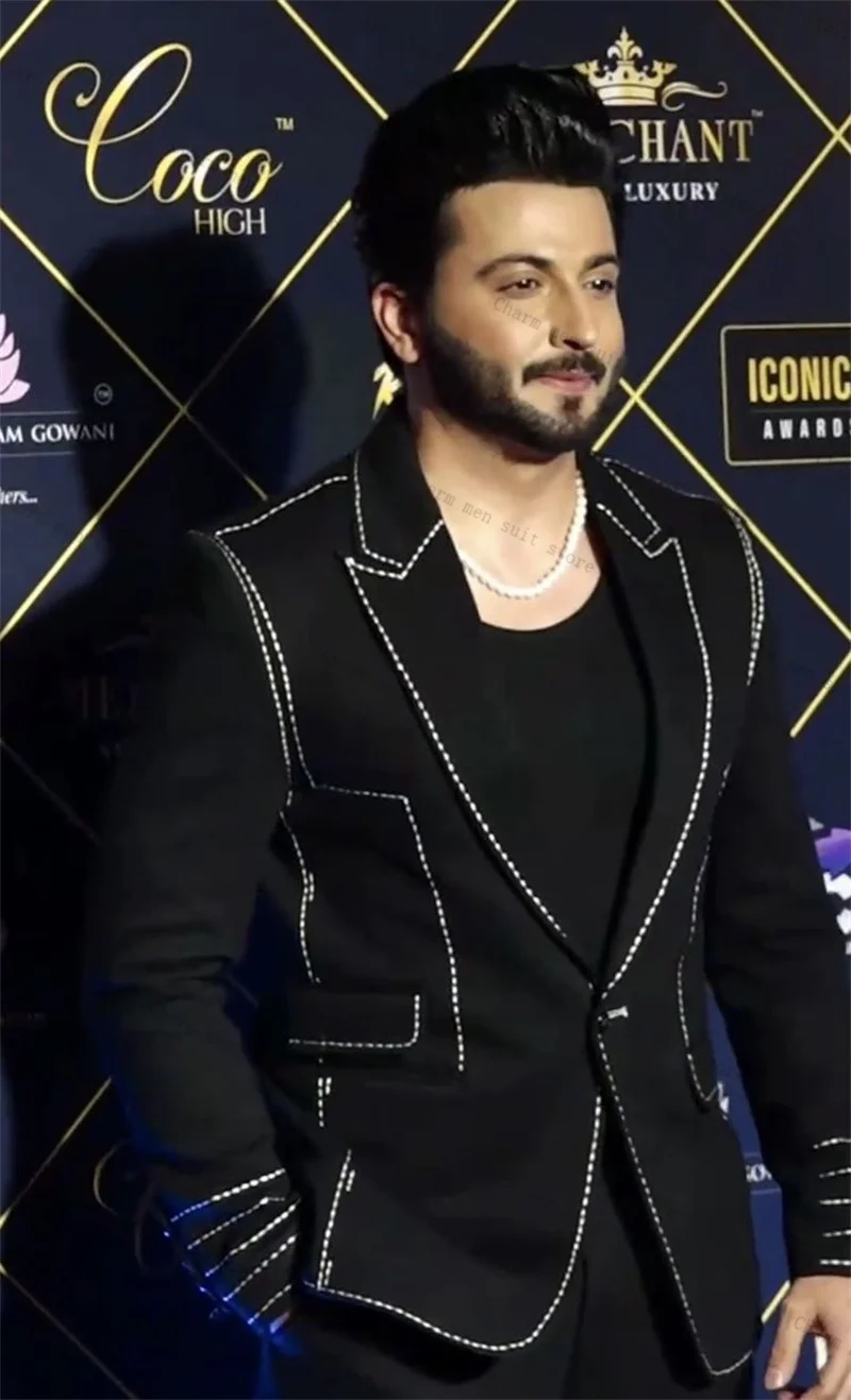 أسود الرجال الدعاوى مجموعة 2 قطعة السترة + السراويل السوداء بنطلون الزفاف البدلات الرسمية مخصصة بلورات مكتب رسمي العريس سترة معطف