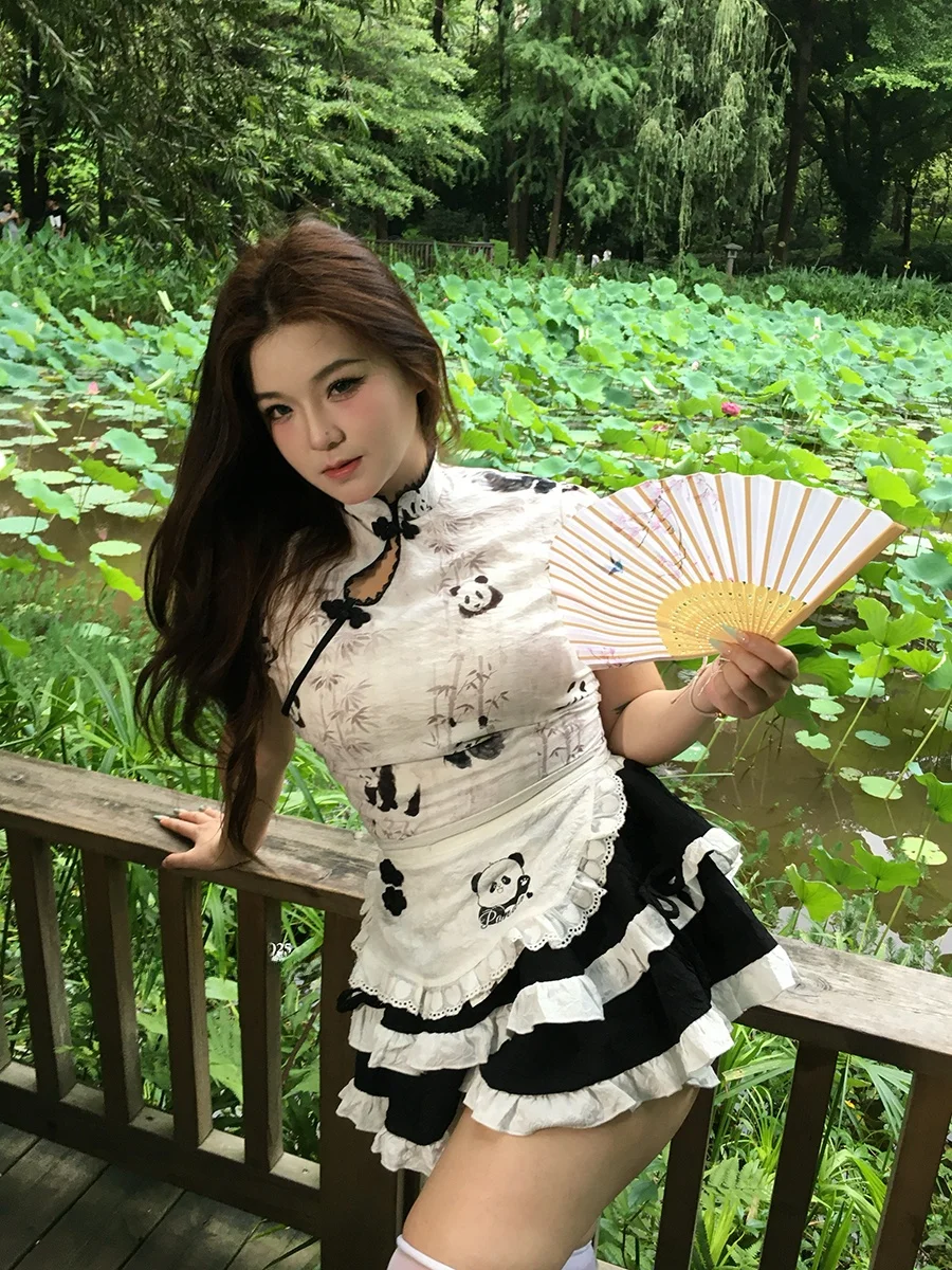 

New Chinese Style plus Size Set Printed Button High Waist Short Sleeve Short Skirt Two Piece Women's Clothing Summer Fashion