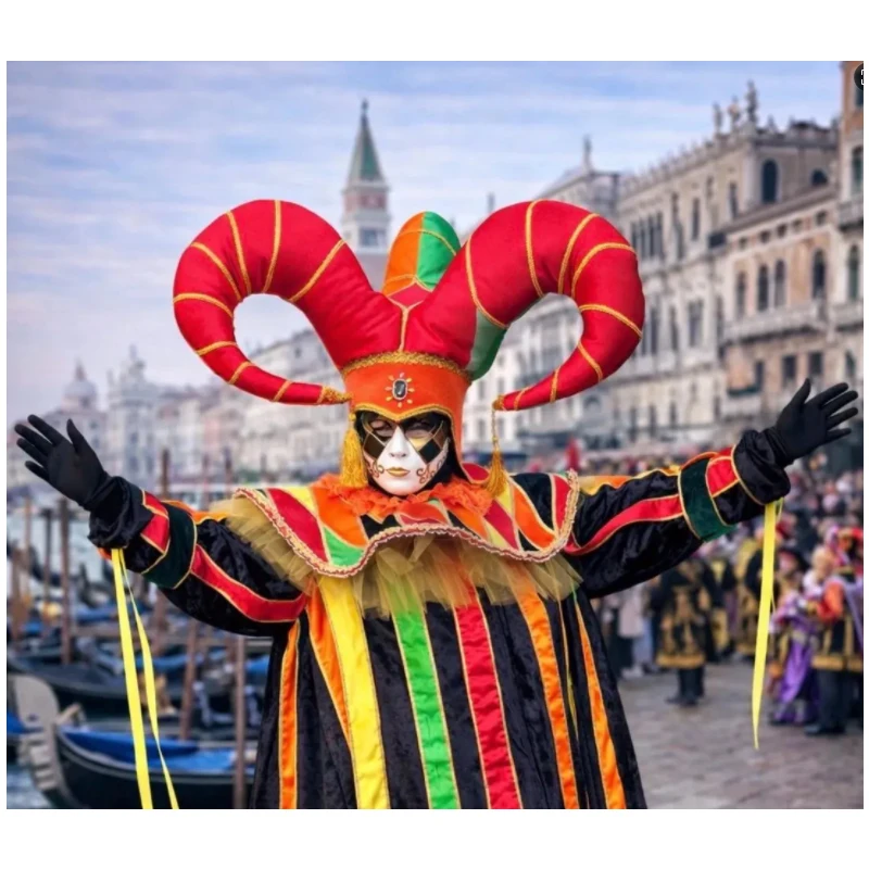 

New Venetian Jester Costume Hat Luxury Masquerade Joker Performer Headgear Hat Renaissance Fair Red Hat
