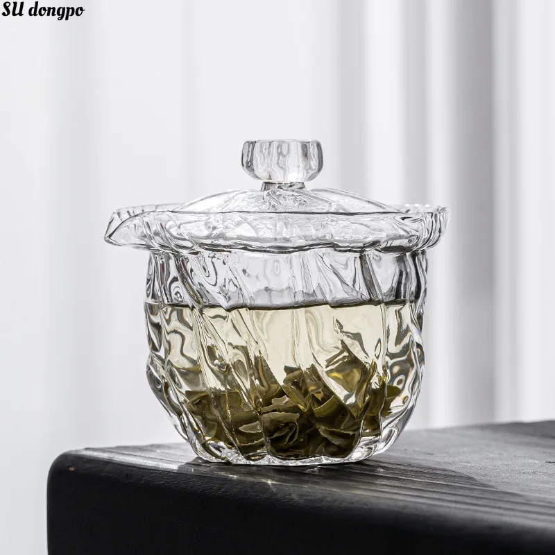 200ml Lotus Leaf Transparent Gaiwan Thickened Tea Cup Heat-resistant Glass Tea Making Pot Single Hand Grab Pot