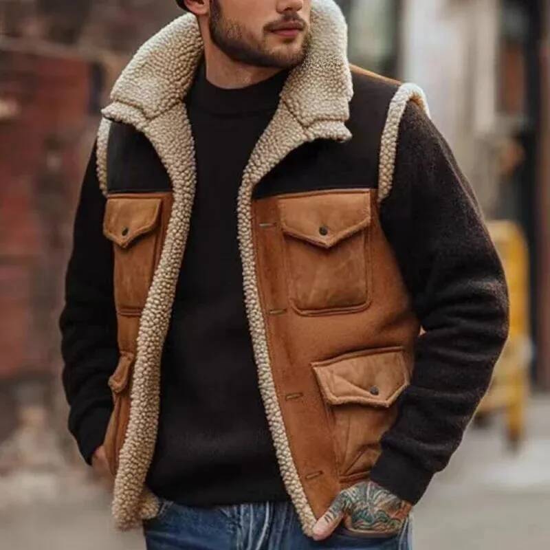 

Retro Men's Cardigan Trendy 2025 New Zipper Pocket Warm Vest Fashion Blocked Sleeveless Jacket Men Clothing