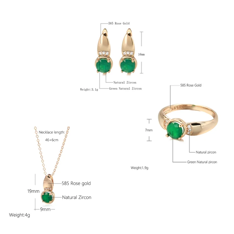 Wbmqda Luxury Retro Emerald Earrings Ring Necklace Sets For Women 585 Rose Gold Color Ethnic Wedding Party Fine Jewelry Gifts