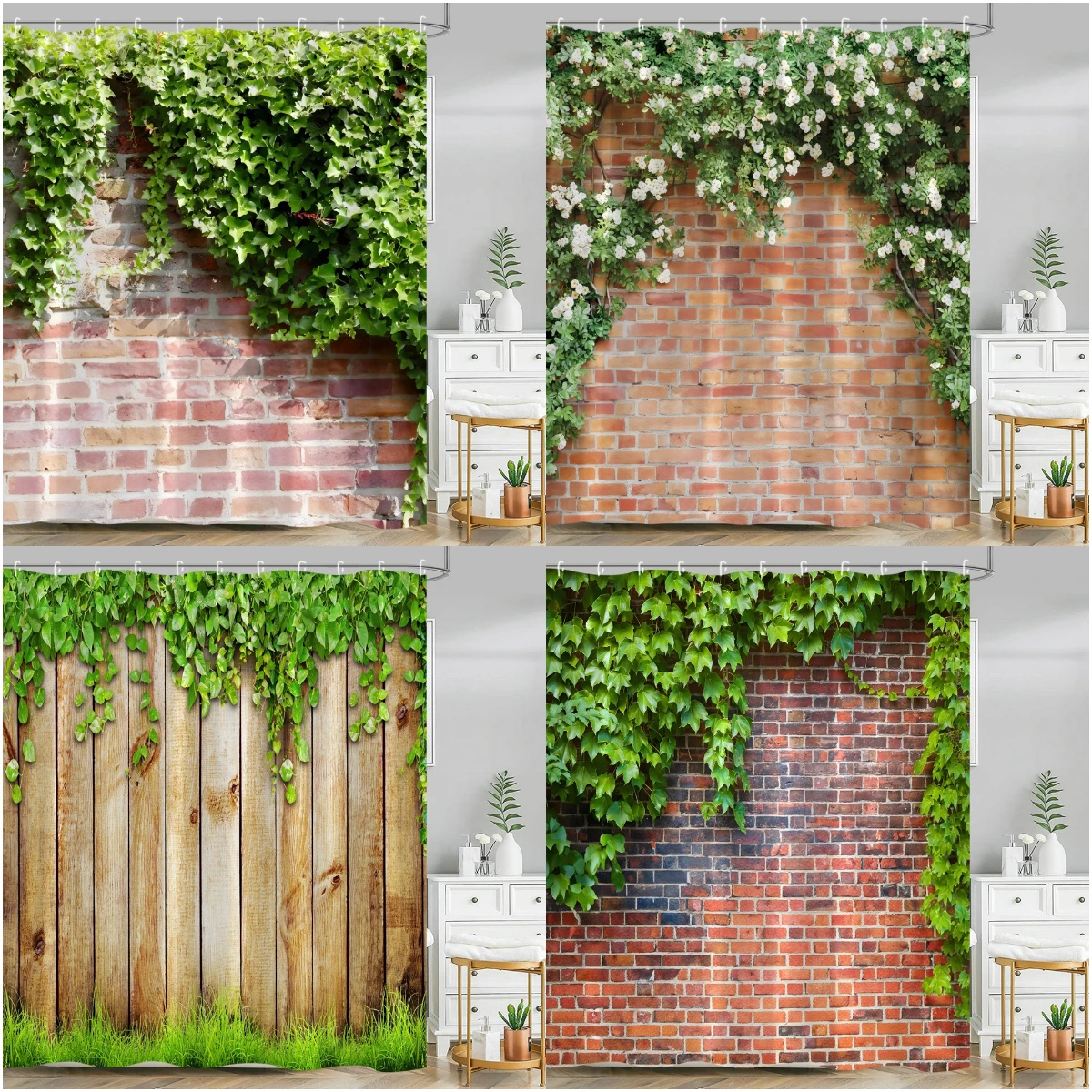 

Vine Brick Wall Shower Curtain Greenery Rustic Plank Farm Flower Meadow Landscape Polyester Fabric Bathroom Home Decor Curtain