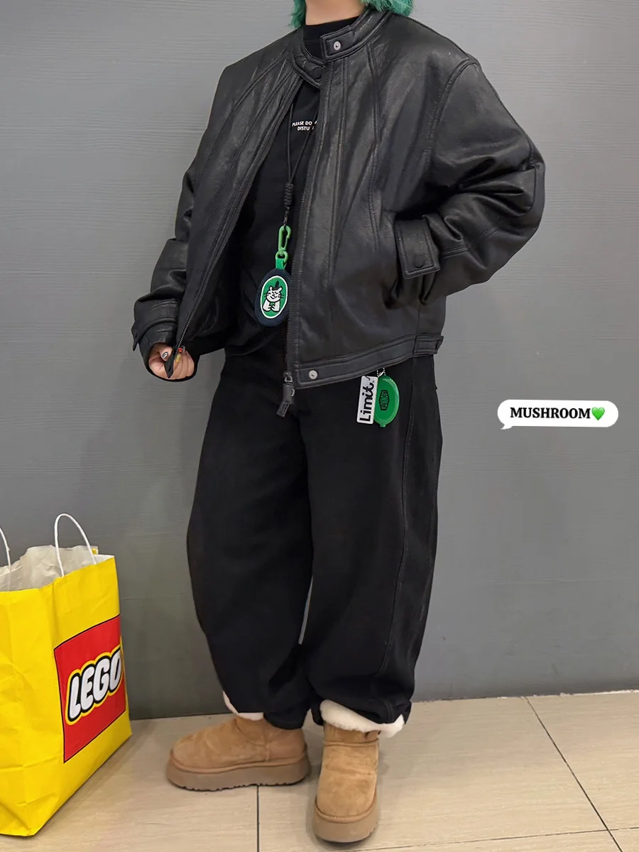 

Bla Casual Faionable Retro Sle Musoom Head Miss 2026 Spring New Women's Leather Jaet Durable All-Match Du down Coat