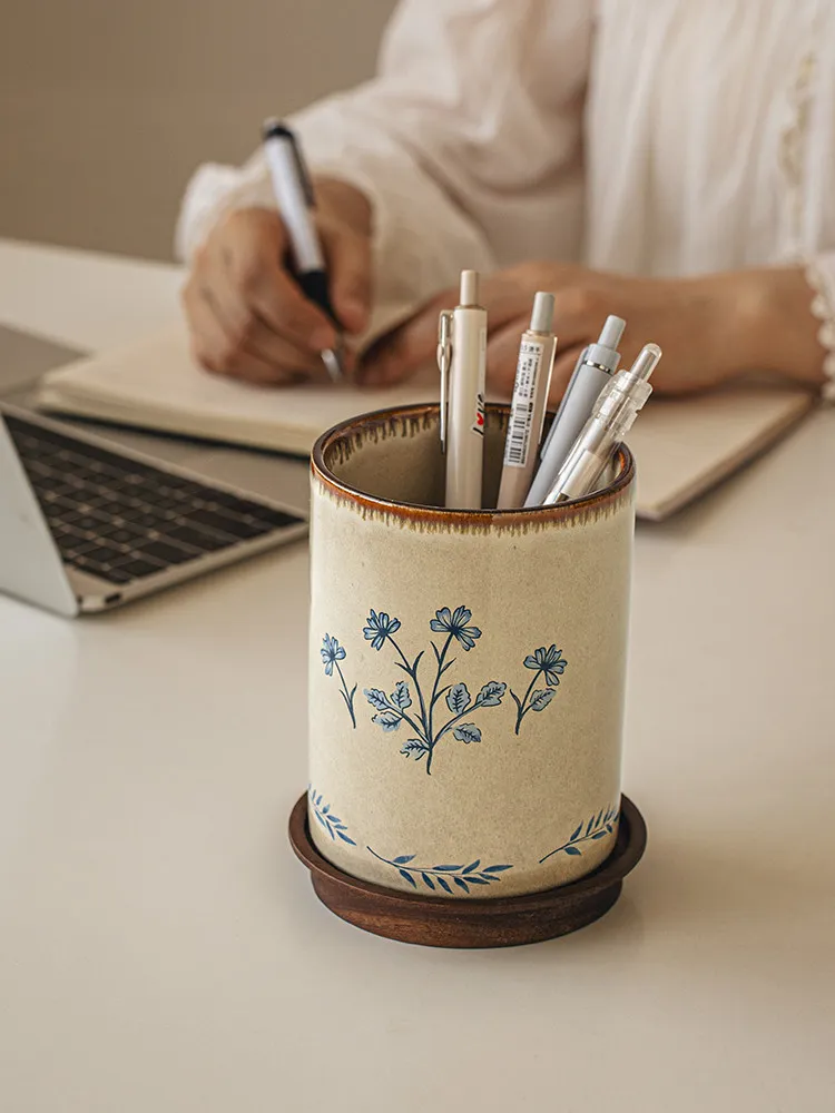 Vintage Ceramic Chopstick Holder with Base, Kitchen Draining Utensil Storage Container for Chopsticks, Knives, Forks and Spoons