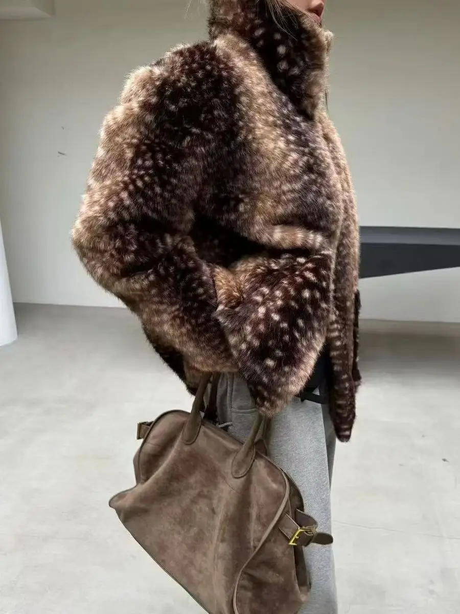 LIMO Single Breasted Women Deer Print Faux Fur Jacket Stand Collar Pocket Fluffy Long Sleeve Coat