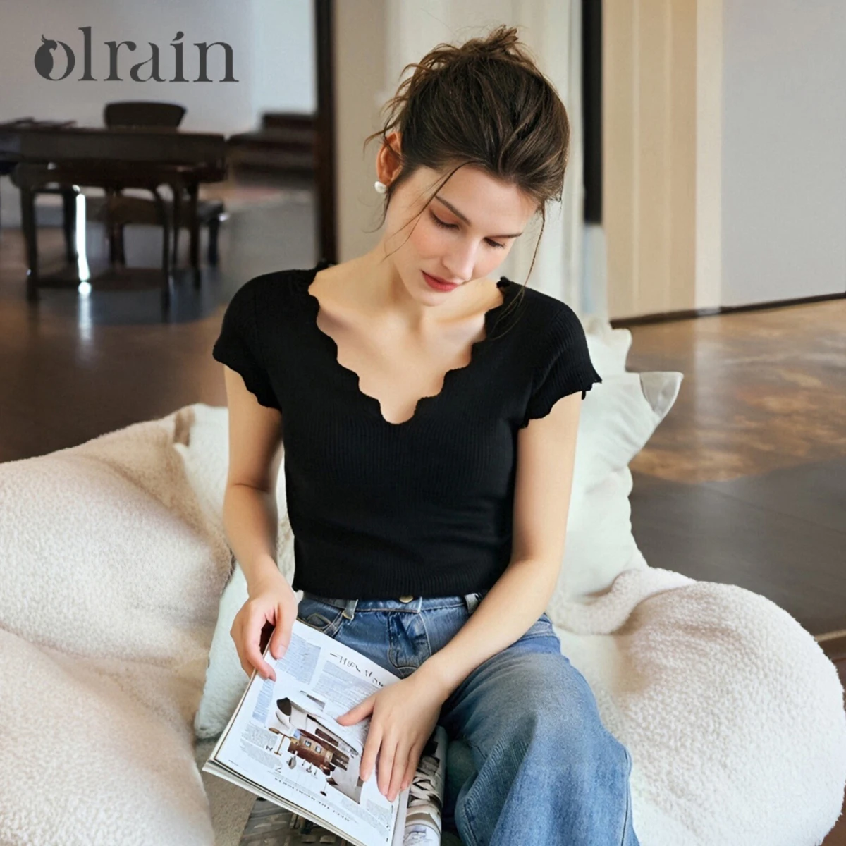 

OLrain Women Summer Black Knit Tops Ladies Knitwear 2025 Short Sleeve Pullover Knitted Ladies Jumpers Woman Clothes O57XZ98988