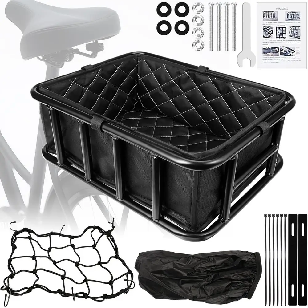 

Bike Basket Rear, ycle Basket with Liner Bag, Waterproo Cover & Cargo Net, Heavy Duty Large Bike Basket or Most Bikes and E-Bike