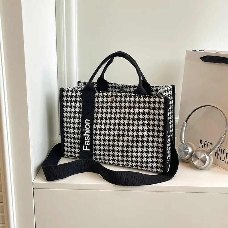 New Checkered Handbag Color Woven Fabric Women's Bag Ethnic Style Large Capacity Single Shoulder Slant Cross Tote Women's Bag