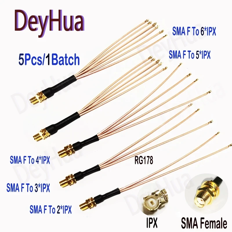 5pcs SMA to IPX Splitter RP-SMA / SMA Female to 2 3 4 5 6 x U.fl IPX1 Female1 RG178 Cable WIFI Antenna Extension Jumper Pigtail