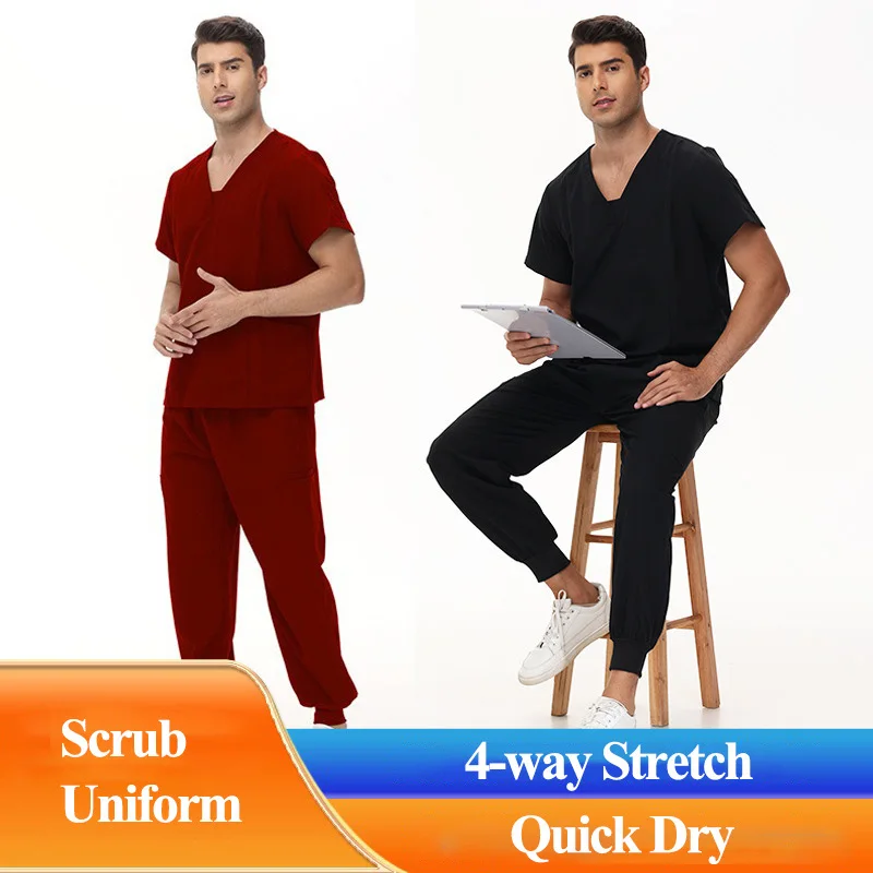 STRETCH Medical Uniforms for Men Quick Dry Doctor Work Suit Jogger Scrub Pant Set Breathable Dental Clinic Nursing Outfit 42030