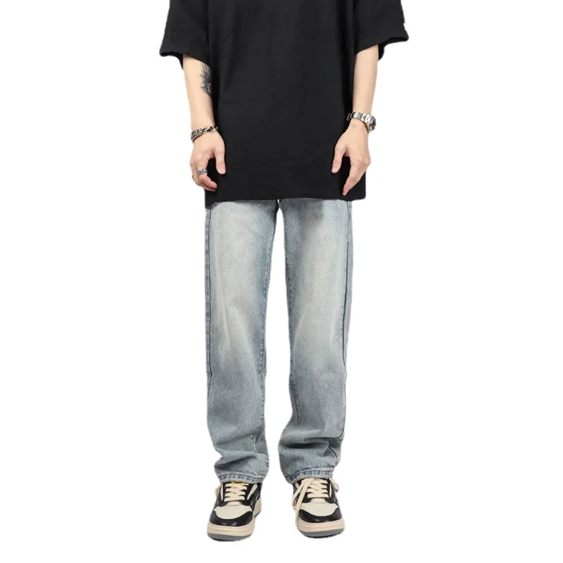 High Street Retro Washed Straight Slim Jeans Men Fashion Streetwear Full Length Denim Pants Casual Trousers