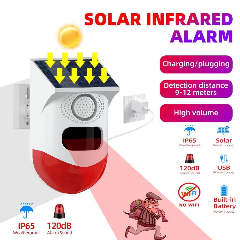 

Wireless Solar Alarm RF433 Remote Control RF Radio Frequency Sound and Light Siren Infrared Anti-theft Waterproof Outdoor USB