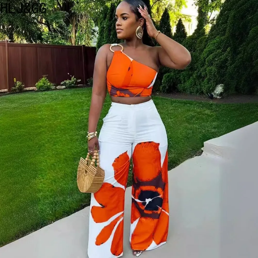 HLJ&GG Fashion Flower Printing Wide Leg Pants Streetwear Women One Shoulder Sleeveless Crop Top And Pants Two Piece Sets Outfits