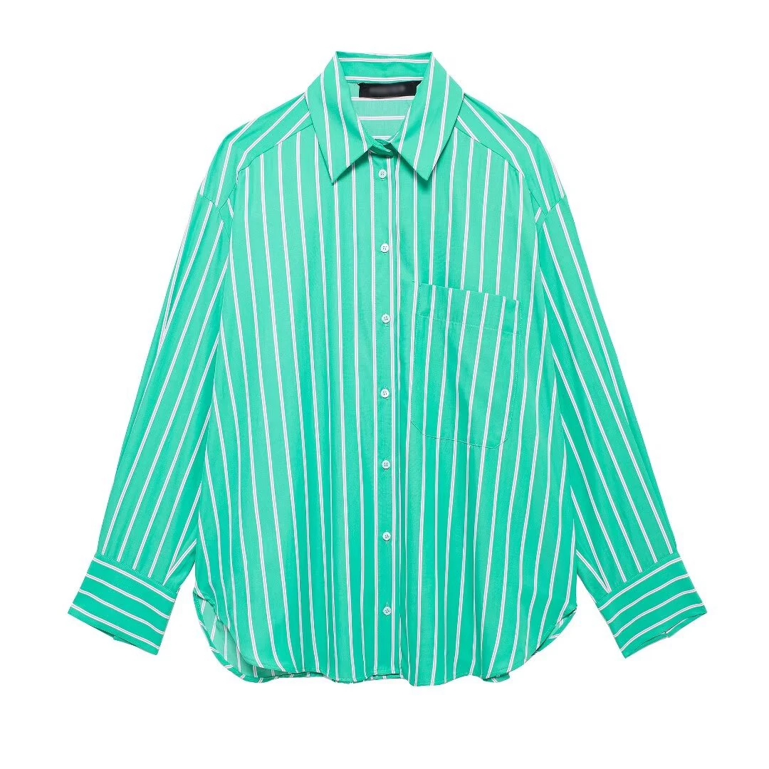 Tangada 2024 Women Green Striped Shirt Long Sleeve Female Cotton Linen Blouse Tops 3h0582