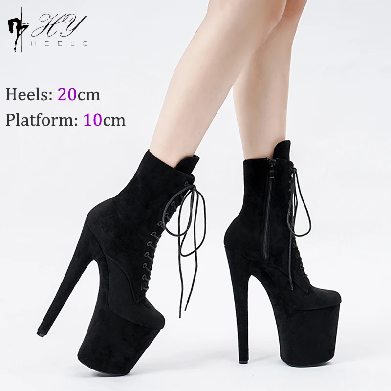 20cm Sexy Black Platform Pole Dance Shoes Stripper Heels Suede Ankle Boots High Heels Laces Round Toe Low Leg