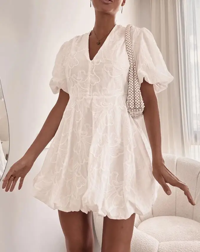 

Womens Dresses 2025 Summer New Fashion Lace Floral Puff Sleeve V Neck Mini Dress Casual Temperament Waist A Line Dress