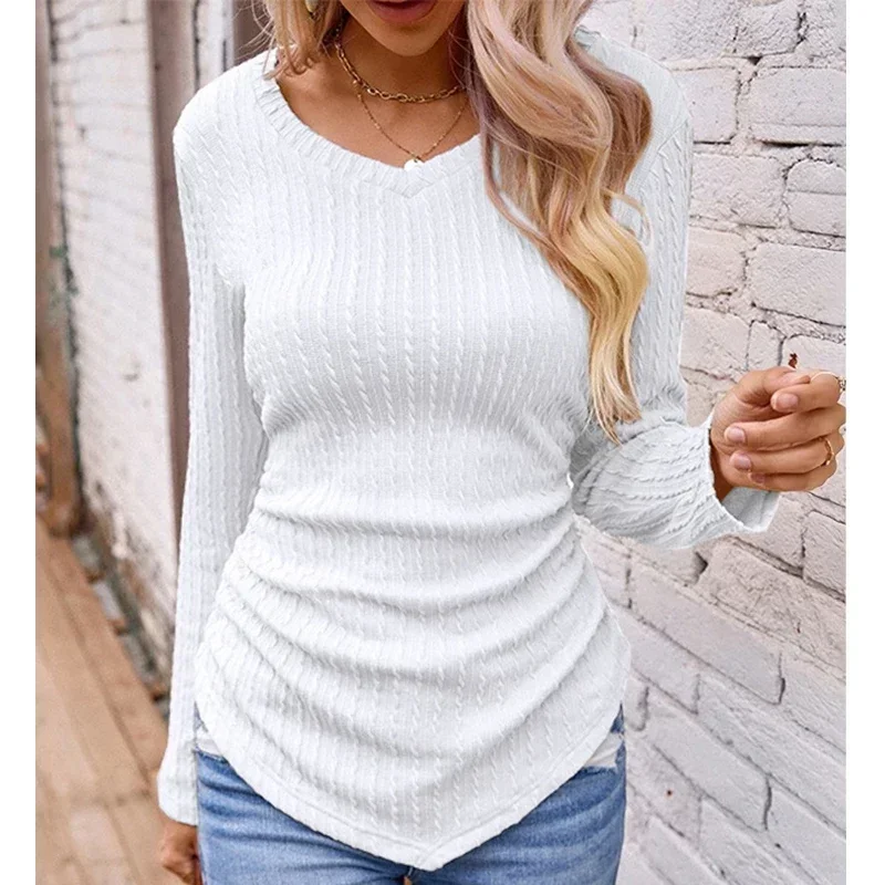 Long Sleeve Slim Fit Tees Clothes Irregular V-Neck Solid Color Knit Tops New Autumn Winter Bottoming T-shirts for Women 30149