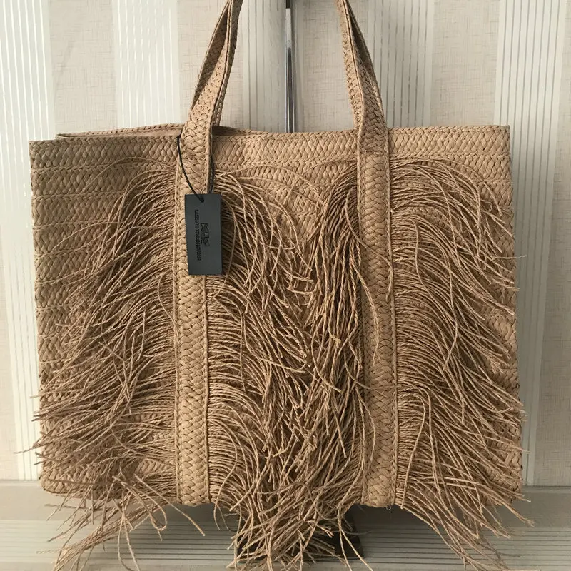 

Private Customized Tassel Grass Woven Bag For Women's Large Capacity Handmade Woven Handbag Pastoral Beach Vacation Shoulder Bag