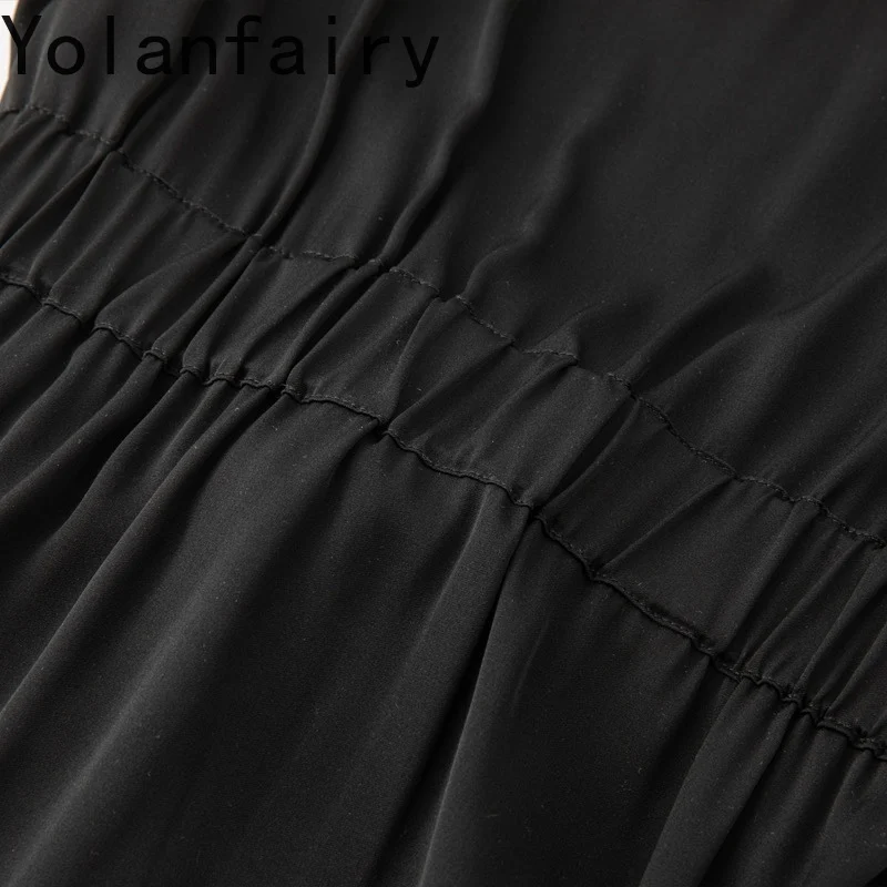 YOLANFAIRY 93% vera seta di gelso abiti eleganti per donna estate manica corta in raso abito nero con lacci abiti casual da donna