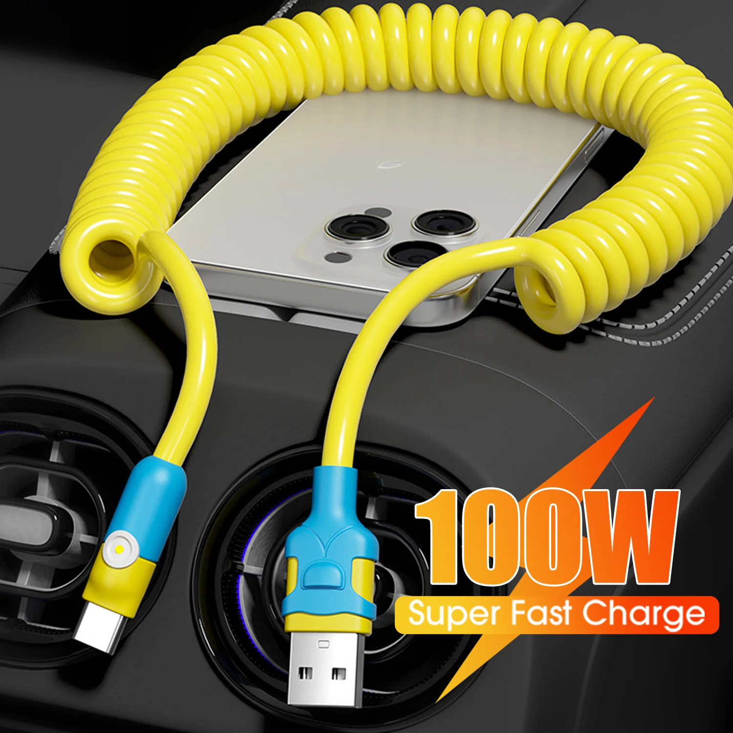 Universal 100W Spring Data Cable Cord PD Dual Type C Fast Charging Line in Car USB C To Type-C Quick Charge Spring Braided Wire
