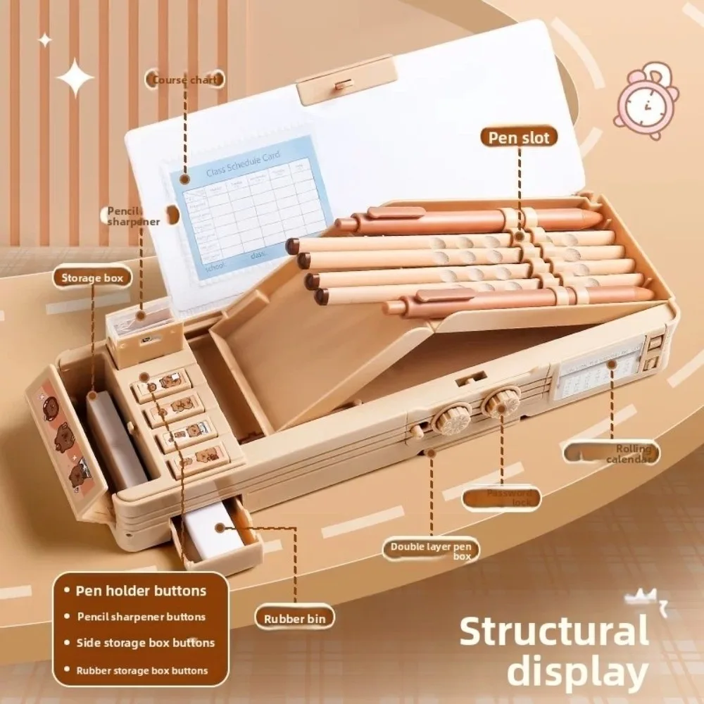 

Многофункциональный пенал с капибарой, большая емкость, мультяшный замок с паролем, пластиковая коробка для канцелярских принадлежностей с калькулятором