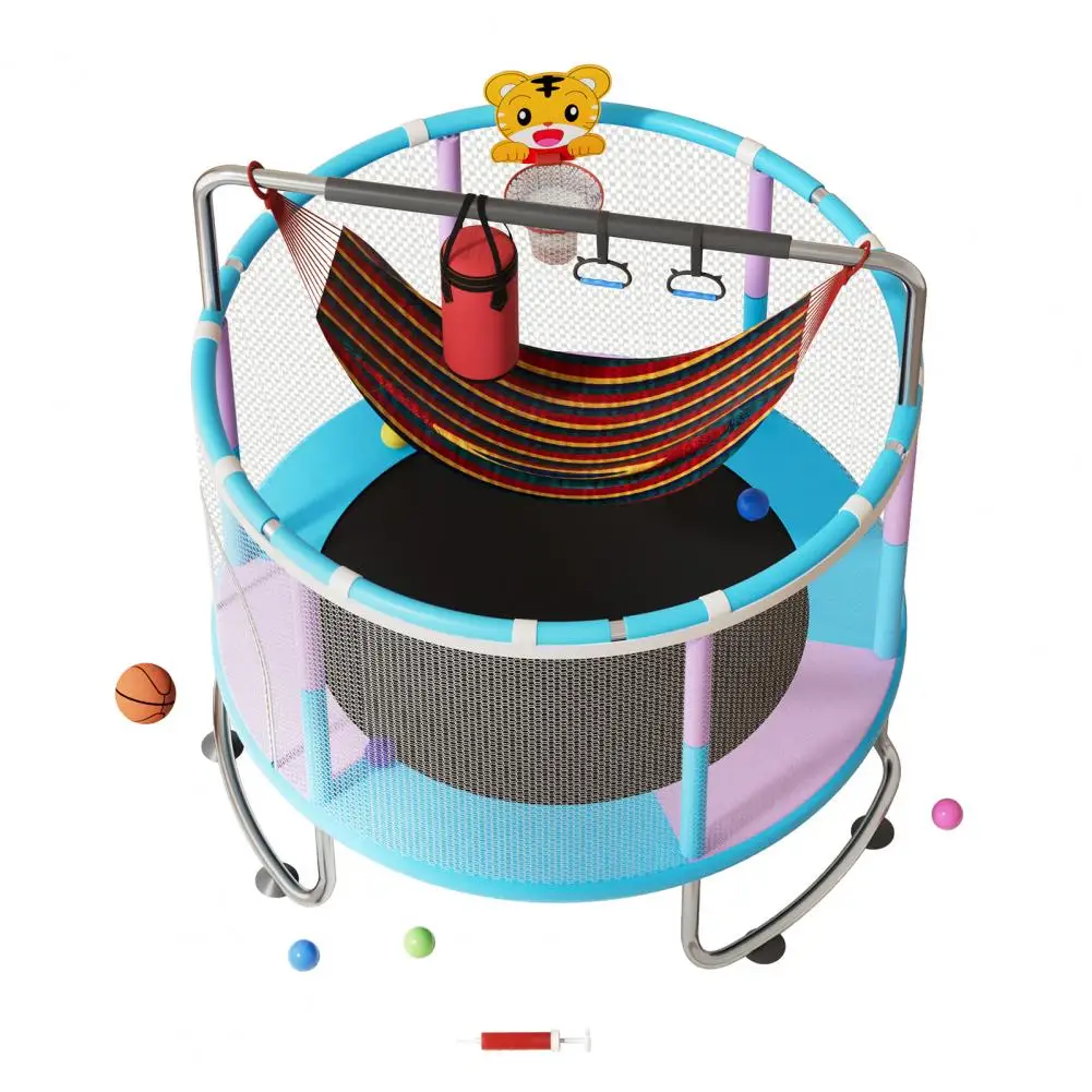 Adjustable Kids Toddler Trampoline with Basketball Hoop, Swing, Sandbag, Ocean Balls, Toddler Trampoline with Enclosure Net ﻿