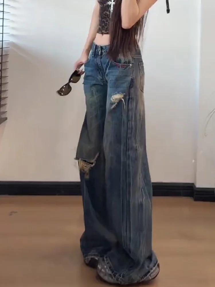 

Retro American High Street Distressed Denim Jeans Women Summer Wide Leg Loose Floor-Length Pants Spicy Girl Vintage Style