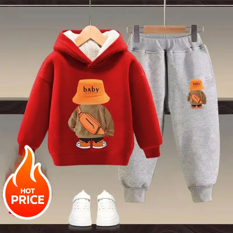 winter Boys Clothes plush warm long sleeve& trousers 2 Pieces Set Teenage Girls & Boys Printed bear hoodies Fashion Casual Top &