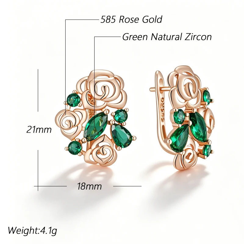 Kinel Hot Shiny Green Natural Zircon Flower Drop Earrings For Women Fashion 585 Rose Gold Color Vintage Daily Fine Jewelry