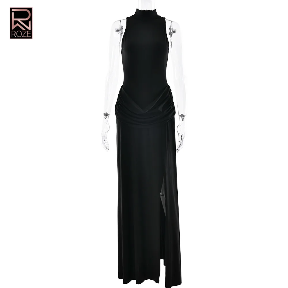 2025 Vestido bodycon sexy com fenda alta – Vestido longo feminino sem mangas com babados na cintura, vestido de noite transfronteiriço elegante