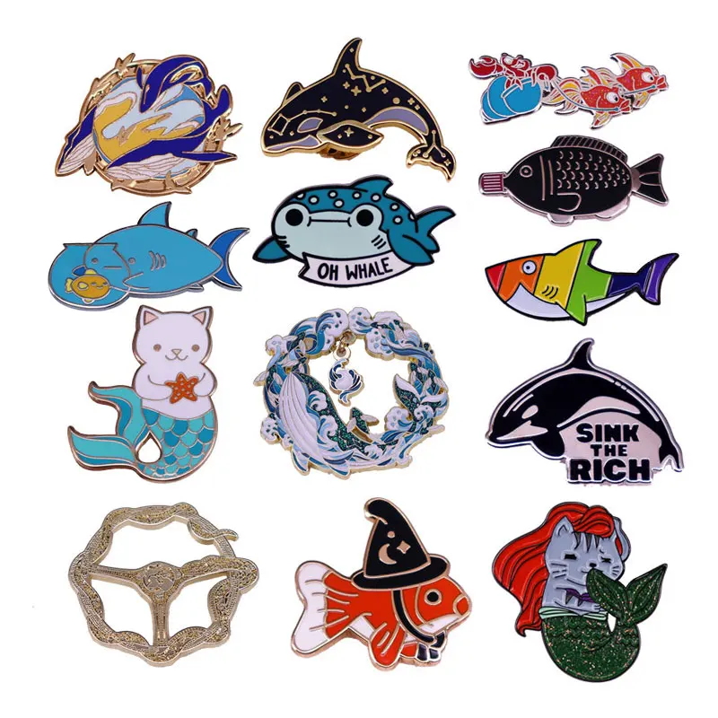 Personalized Creative Flash Whale Badge Cute Sea Animal Enamel Pin Wave Metal Brooch Clothing Backpack Decoration Lapel Accessor