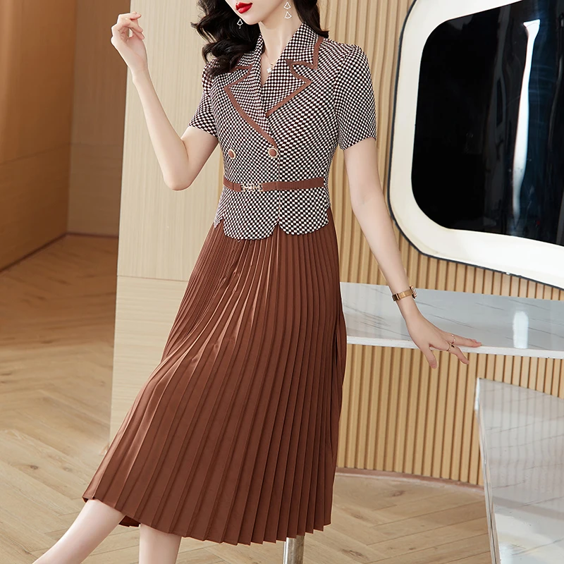 Pleated Dress 2023 Summer Women's Suit Collar Geometric Print Elastic Slim Fit Large Size Slim Knee Long Swing Dress