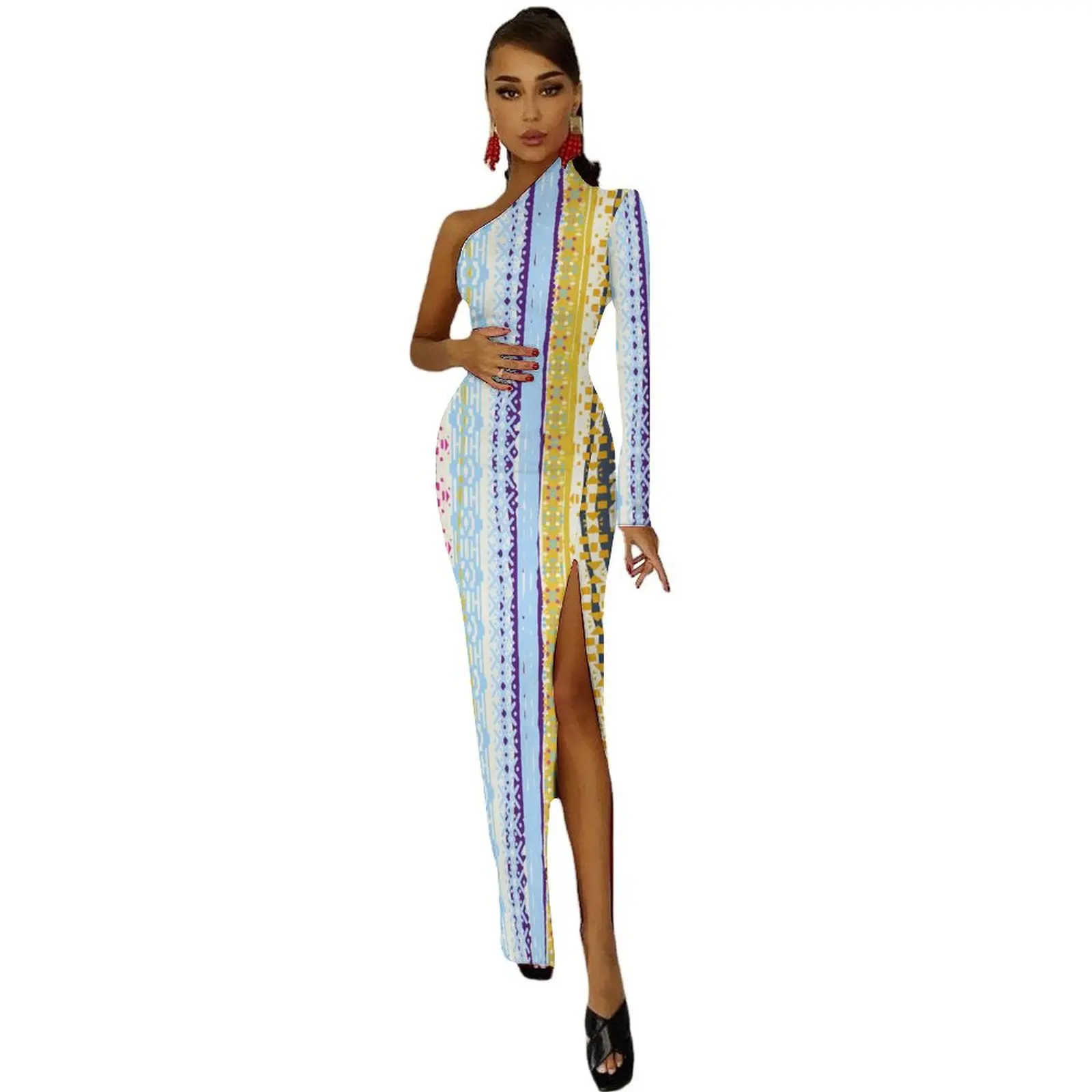 Boho estilo tribal bodycon vestido mulher abstrato étnico sexy maxi vestido de manga longa festa vestidos personalizados ideia de presente