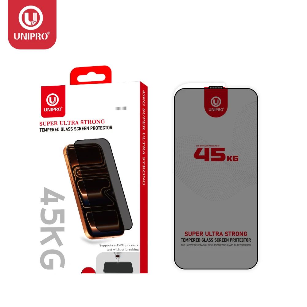 UNIPRO Ultra Strong Displayschutzfolie aus gehärtetem Glas mit Sichtschutz, 45 kg Stärke, Schutzfolie für iPhone 18 17 16 15 Pro Max 18Duo 17Air