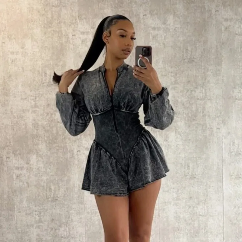 Women Patchwork Sweatshirts Cotton Romper Zipper Long Lantern Sleeve Slim Pleated A-line Playsuits Vintage Streetwear Overalls