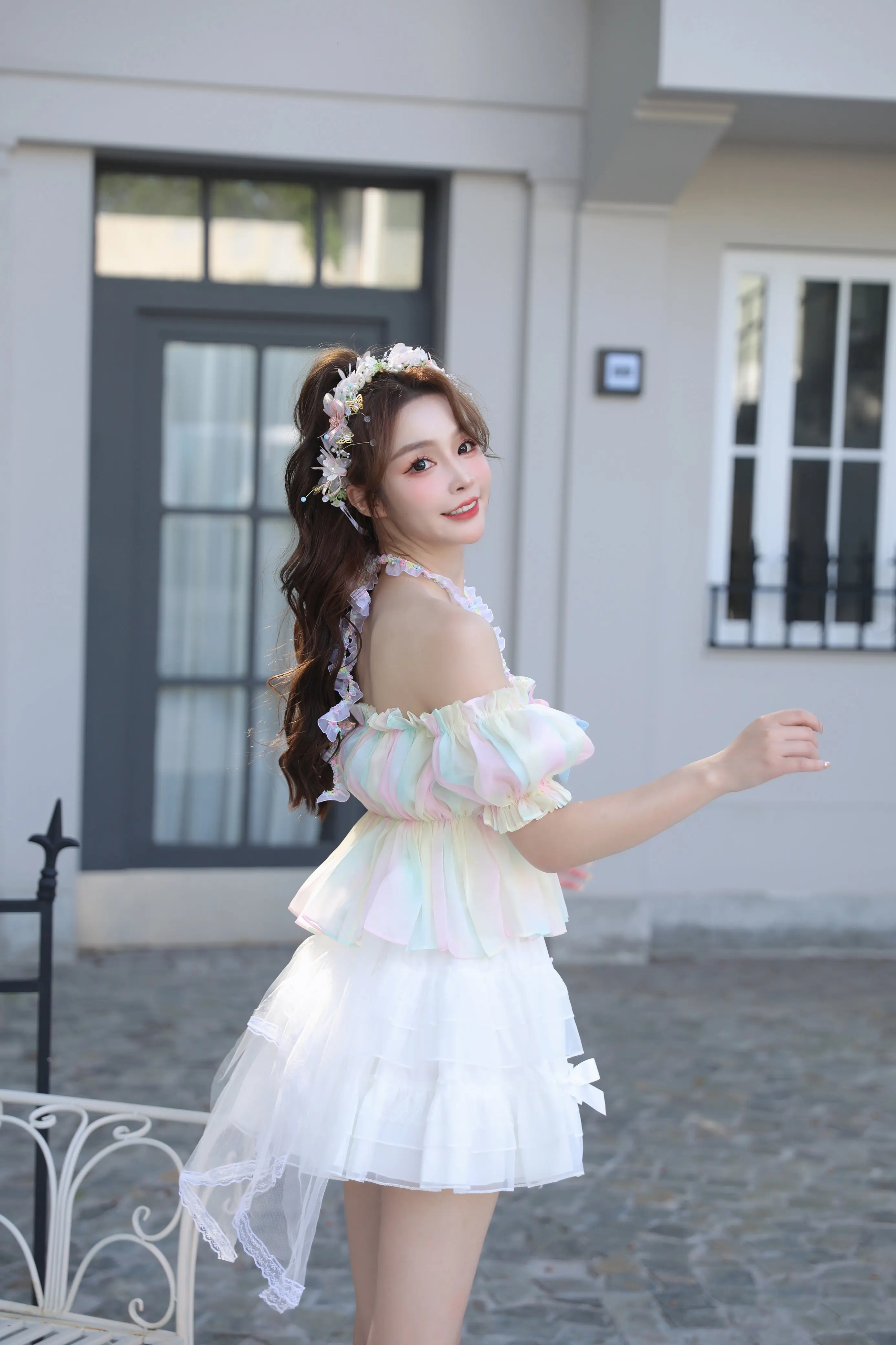 Beautiful Girl Rainbow Gradient Color Shiny Bow Love Diamond Puff Sleeve Halter Short Top Summer Womens Tops and Blouses