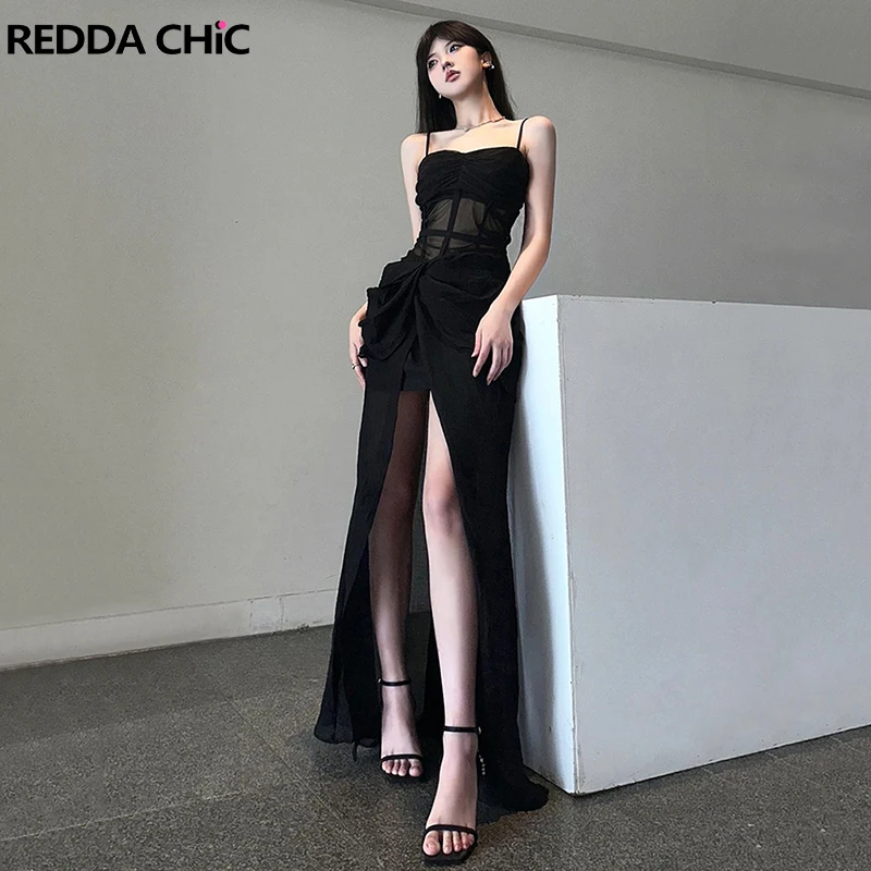 ReddaChic Gathered Black Maxi Long Evening Dress Women Patchwork Mesh Boned Bodycon Cami Dress Cocktail Party Desire One-piece