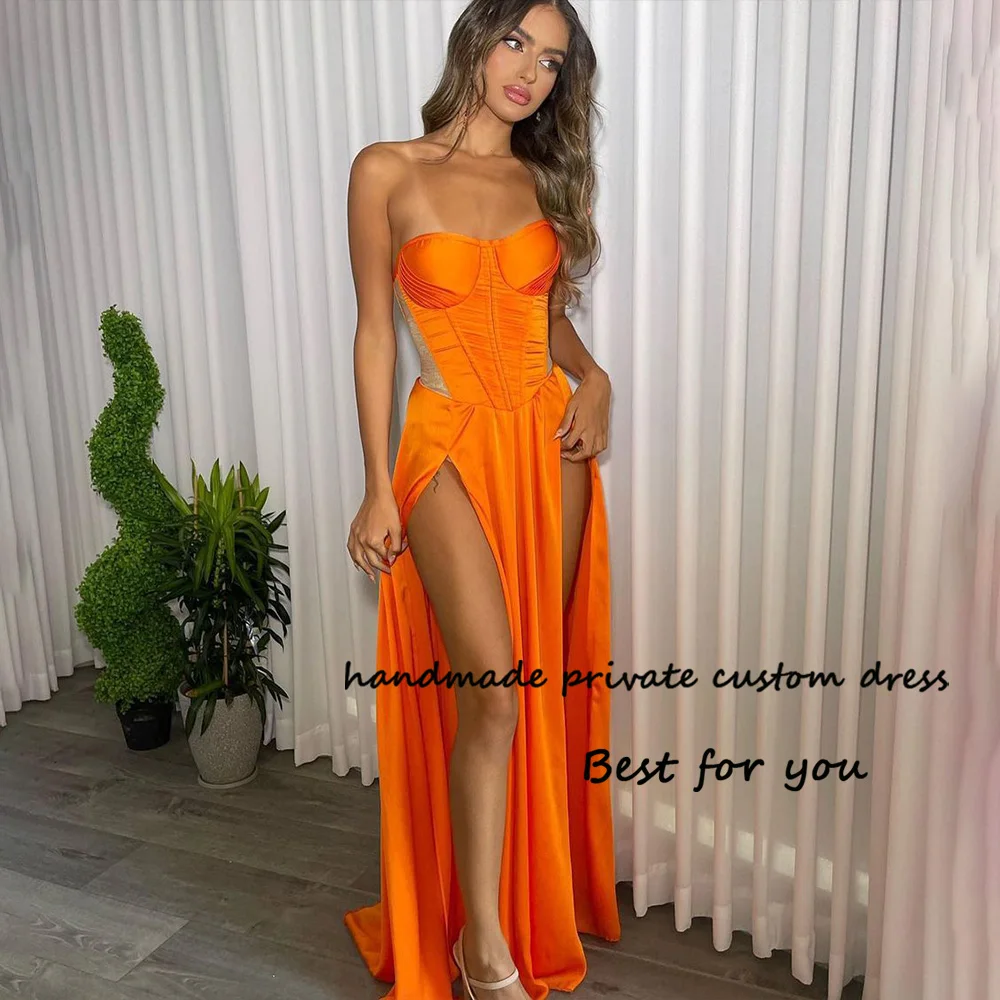 

Orange Satin Sweetheart Prom Party Dresses Double Split Sexy Corset Long Evening Dress Women Cocktail Prom Gowns